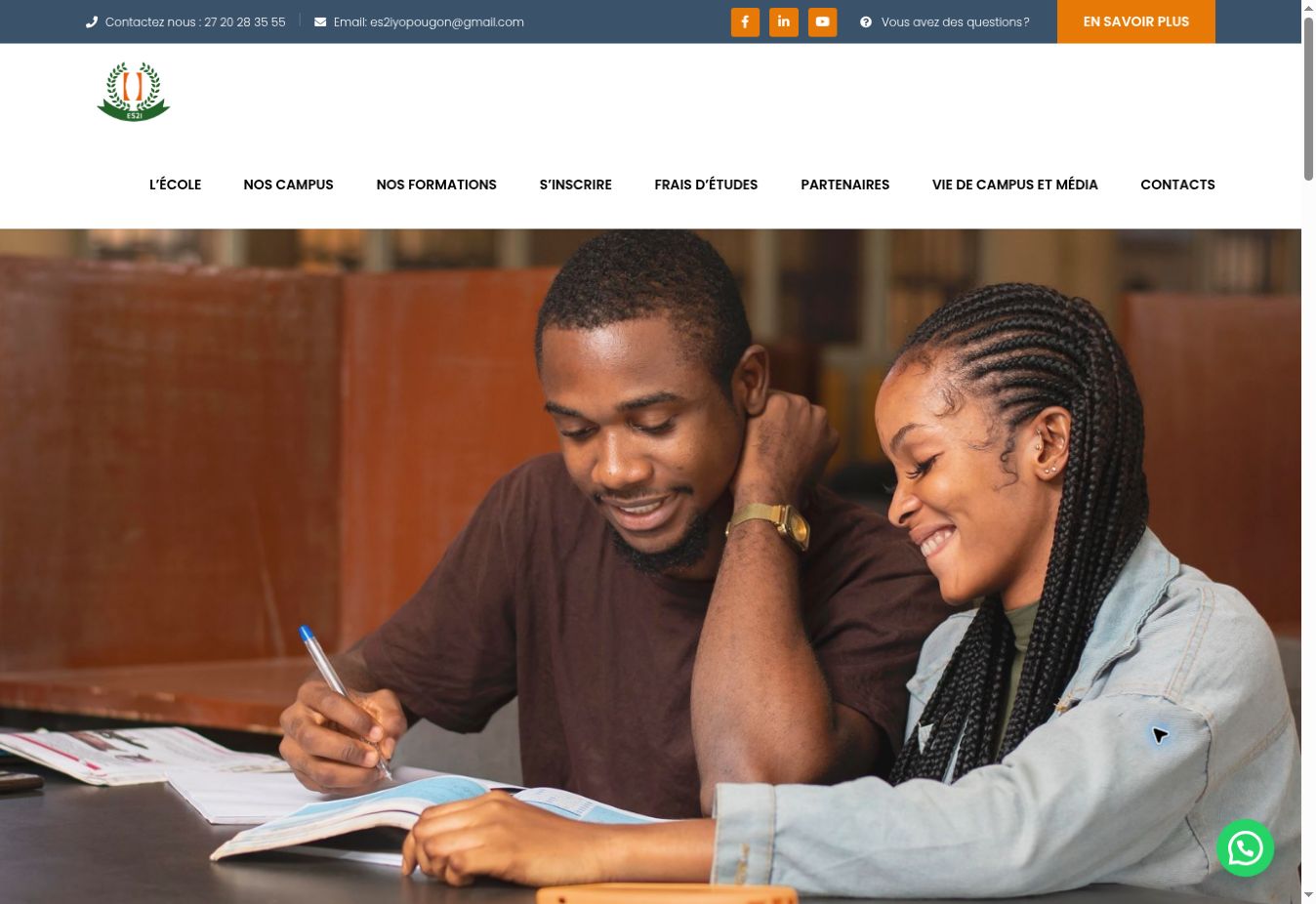 Aperçu de la page d’accueil d’ES2I Abidjan